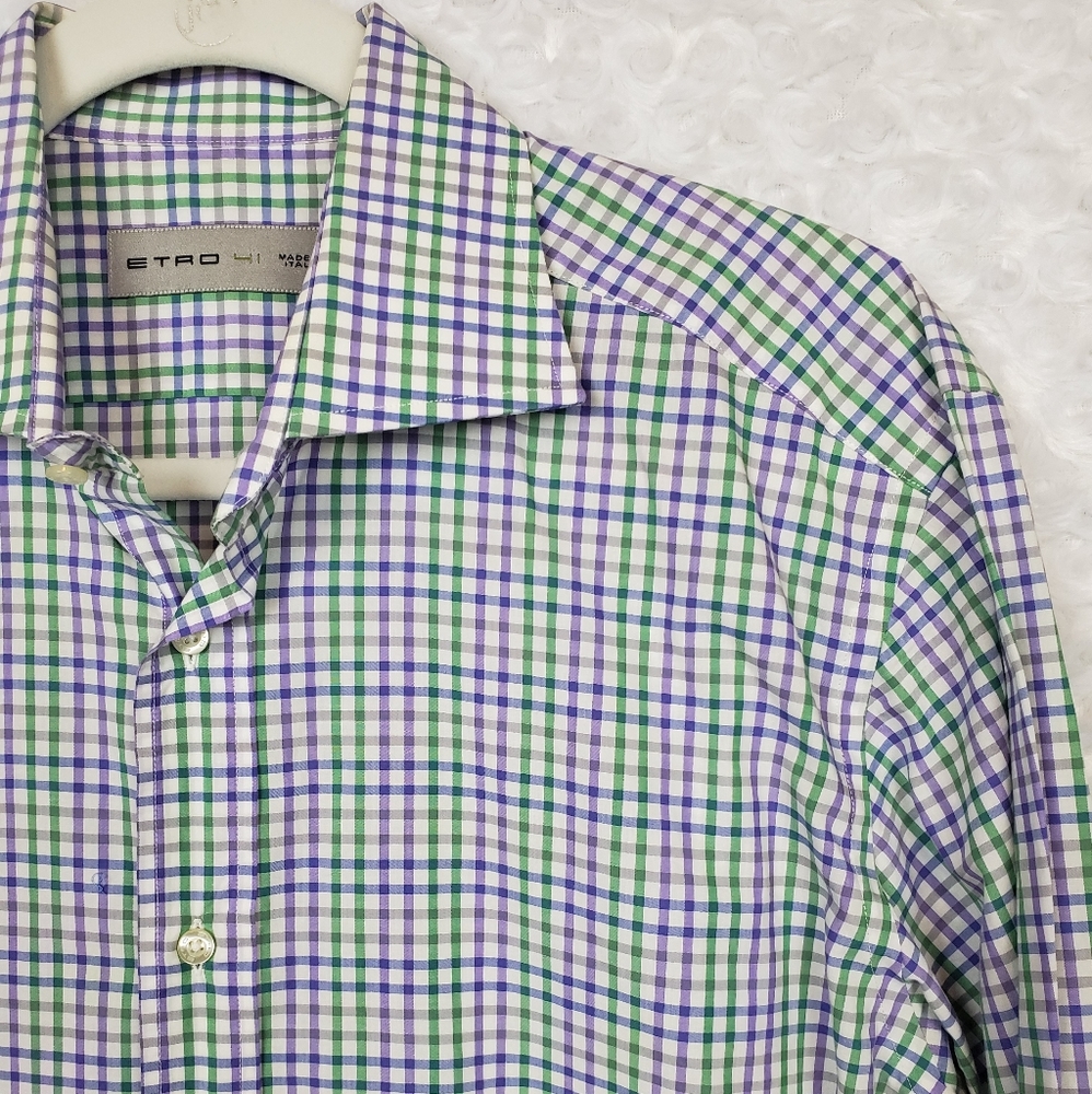 Etro Purple and Green Plaid Button Down Shirt